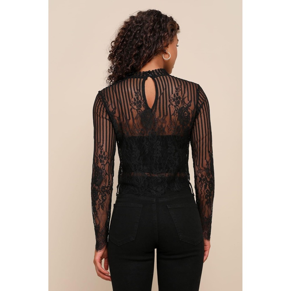 Lulus Tempt Me Black Sheer Lace Long Sleeve Crop Top Mock Neck Medium - Picture 2 of 9